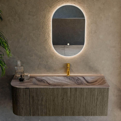 MONDIAZ KURVE-DLUX 125cm badmeubel ronding Links kleur Shadow met 1 lade en 1 deur. Wastafel BIG MEDIUM Rechts 1 kraangat Sombra.