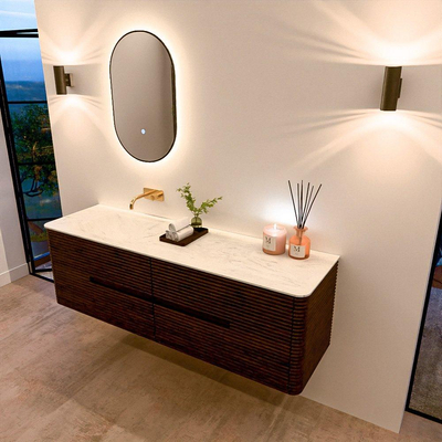 Mondiaz CIRO-DLUX Badkamermeubelset - 160x45x50cm - Solid surface wastafel Opalo - 1 wasbak Links - zonder kraangaten - 4 lades - Walnut