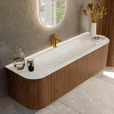 MONDIAZ KURVE-DLUX 150cm Meuble salle de bain avec module 25 G et D - couleur Walnut - 1 tiroir - 2 portes - vasque BIG MEDIUM centre - 1 trou de robinet - couleur Ostra