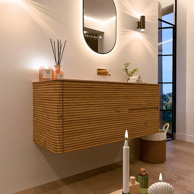 Mondiaz CIRO-DLUX Meuble de salle de bains - 120x45x50cm - Plan vasque Solid surface Saba - 1 bassin à droite - sans trous de robinetterie - 2 tiroirs - Chêne