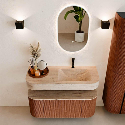 MONDIAZ THOR-DLUX 110cm meuble de salle de bains arrondi gauche + droite couleur Ruby avec 1 tiroir et 2 portes. Vasque suspendue CLOUD Droite 1 trou de robinet couleur Saba.