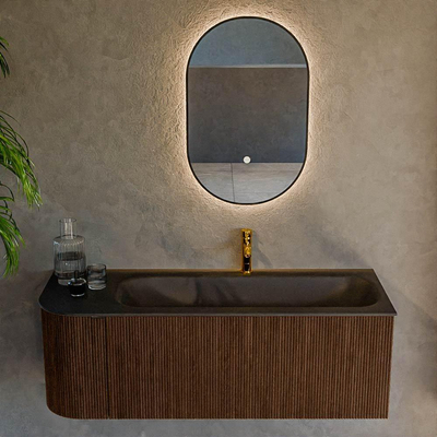 MONDIAZ KURVE 125cm badmeubel met module 25 L kleur Walnut met 1 lade en 1 deur. Wastafel BIG MEDIUM rechts 1 kraangat Urban.