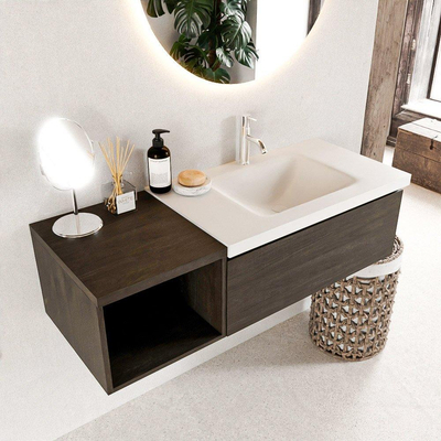 MONDIAZ BUKLA 120cm ensemble de meuble avec module ouvert 40 couleur Marron foncé avec 1 tiroir. Lavabo CLOUD à droite 1 trou de robinet couleur Talc.