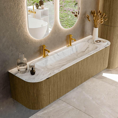 Mondiaz KURVE-DLUX Badkamermeubelset - 170x46x40cm - 1 lade - 2 deuren - wastafel solid surface - midden - 2 kraangaten - Dusk