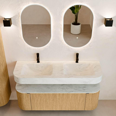 MONDIAZ THOR-DLUX 140cm badmeubel ronding links + rechts kleur Oak met 1 lade en 2 deuren. Vrijhangende wastafel CLOUD Dubbel 2 kraangaten kleur Opalo.