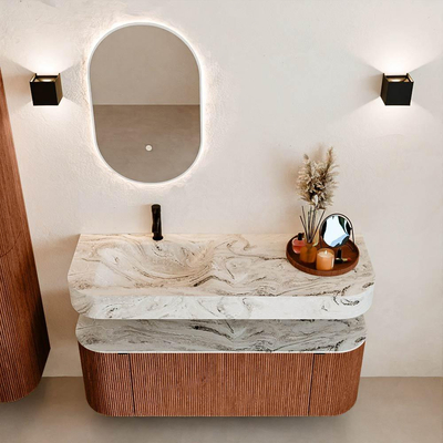 MONDIAZ THOR-DLUX 130cm meuble de salle de bains arrondi gauche + droite couleur Ruby avec 1 tiroir et 2 portes. Vasque suspendue CLOUD Gauche 1 trou de robinet couleur Glace.