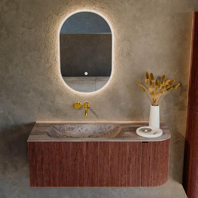 MONDIAZ KURVE-DLUX Meuble de salle de bains 115cm arrondi à droite couleur Ruby avec 1 tiroir et 1 porte. Lavabo BIG SMALL à gauche sans trou de robinet Oza.