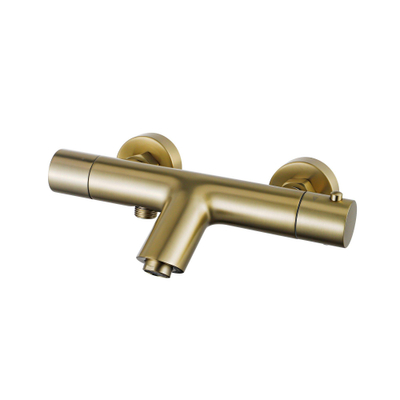 Fortifura Calvi Thermostatische badkraan met staafhanddouche, handdouchehouder en metalen doucheslang - PVD - geborsteld messing (goud)