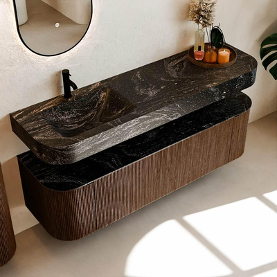 MONDIAZ THOR-DLUX 160cm meuble de salle de bains arrondi gauche + droite couleur Walnut avec 1 tiroir et 2 portes. Vasque suspendue CLOUD gauche 1 trou de robinet couleur Lava.