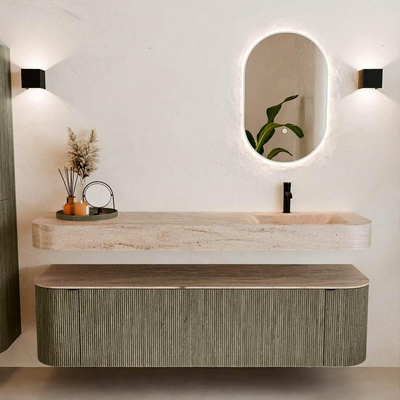 MONDIAZ THOR-DLUX Meuble de salle de bains 170cm arrondi gauche + droite couleur Shadow avec 1 tiroir et 2 portes. Vasque suspendue CLOUD Droite 1 trou de robinet couleur Saba.