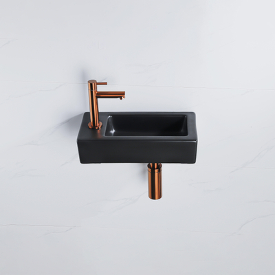 FugaFlow Efficiente Ensemble fontaine Pietra - 37,5x18,5x9cm - céramique - trou de robinet à gauche - robinet de fontaine cuivre brossé - bouchon de vidange - siphon abaissé - Noir mat