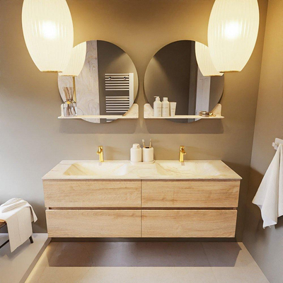 Mondiaz VICA-DLUX ensemble de meuble de salle de bain - 150cm - meuble sous-vasque chêne blanchi - 4 tiroirs - lavabo encastré cloud double - 2 trous de robinet - version haute de 60cm - ostra