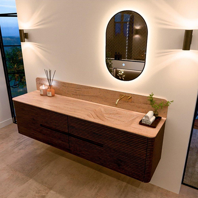 Mondiaz CIRO-DLUX Meuble de salle de bains - 190x45x50cm - Plan vasque Solid Surface Saba - 1 vasque à droite - sans perçage pour robinet - 4 tiroirs - Noyer