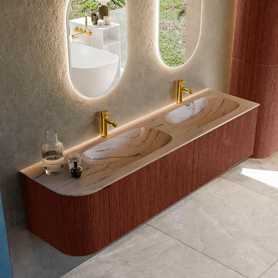 MONDIAZ KURVE-DLUX 175cm meuble de salle de bains arrondi à gauche couleur Ruby avec 2 tiroirs et 1 porte. Vasque STOR SMALL Double / droite 2 trous de robinet Arena.