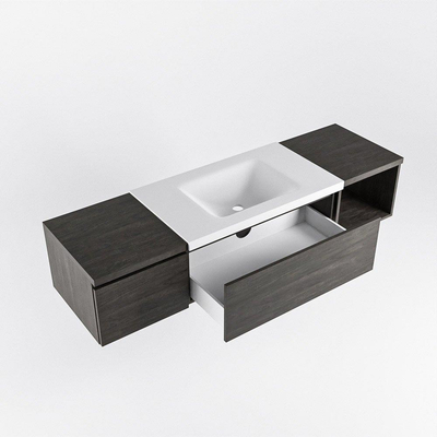 MONDIAZ BUKLA 160cm ensemble de meuble avec module ouvert 40 à droite couleur Marron Foncé avec 2 tiroirs. Lavabo CLOUD centre 0 trous de robinet couleur Talc.