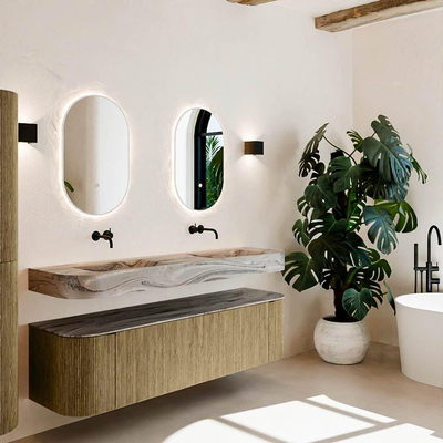 MONDIAZ THOR-DLUX 170cm meuble de salle de bains arrondi gauche + droite couleur Dusk avec 1 tiroir et 2 portes. Vasque suspendue CLOUD Double sans trou de robinet couleur Sombra.