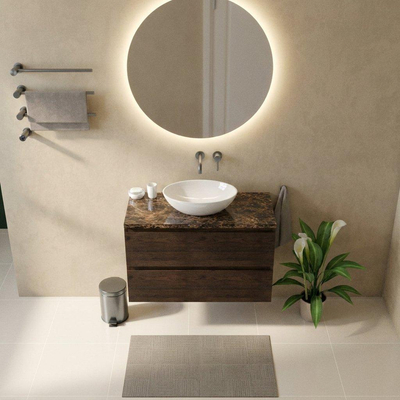 Saniclass Holz Pure Ensemble de meubles de salle de bains - 100x45x63cm - Plan en pierre naturelle Noche dark emperador - sans trou de robinetterie - 2 tiroirs - chêne charcoal mat (bois)