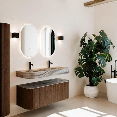 MONDIAZ THOR-DLUX 120cm meuble de salle de bains arrondi gauche + droite couleur Walnut avec 1 tiroir et 2 portes. Vasque suspendue CLOUD Double 2 trous de robinet couleur Sombra.