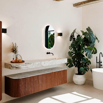 MONDIAZ THOR-DLUX 180cm meuble de salle de bains arrondi gauche + droite couleur Ruby avec 2 tiroirs et 2 portes. Vasque suspendue CLOUD droite sans trou de robinet couleur Glace.