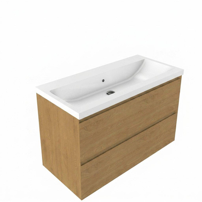 Saniclass Holz Pure Ensemble de meubles de salle de bains - 100x45x63.5cm - Vasque Bari en céramique blanche - 1 vasque - sans trou de robinet - 2 tiroirs - chêne natural mat (bois)
