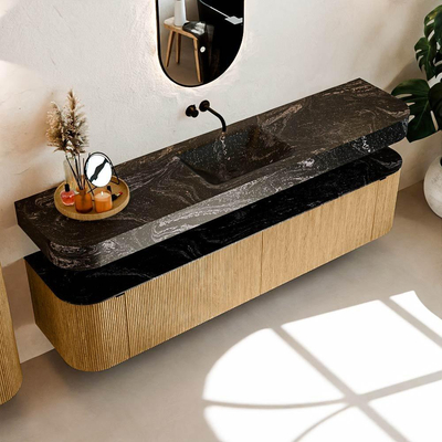 MONDIAZ THOR-DLUX 200cm meuble de salle de bains arrondi gauche + droite couleur Oak avec 2 tiroirs et 2 portes. Vasque suspendue CLOUD Milieu sans trou de robinet couleur Lava.