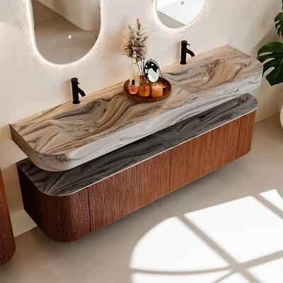 MONDIAZ THOR-DLUX 180cm meuble de salle de bains arrondi gauche + droite couleur Ruby avec 2 tiroirs et 2 portes. Vasque suspendue CLOUD Double 2 trous de robinet couleur Sombra.