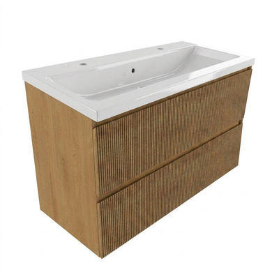 Saniclass Holz Atelier Ensemble de meubles de salle de bains - 100x45x63.5cm - Lavabo Bari en céramique blanc - 1 vasque - 2 trous de robinet - 2 tiroirs - chêne natural mat (bois)