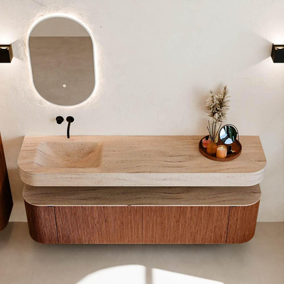 MONDIAZ THOR-DLUX 180cm meuble de salle de bains arrondi gauche + droite couleur Ruby avec 2 tiroirs et 2 portes. Vasque suspendue CLOUD Gauche sans trou de robinet couleur Saba.