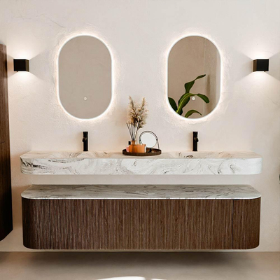 MONDIAZ THOR-DLUX 190cm badmeubel ronding links + rechts kleur Walnut met 2 lades en 2 deuren. Vrijhangende wastafel CLOUD Dubbel 2 kraangaten kleur Glace.