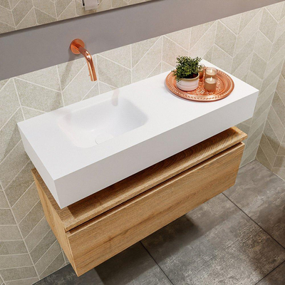 MONDIAZ ANDOR Meuble WC - 80x30x30cm - 0 trous de robinet - 1 tiroir - chêne blanchi mat - vasque à gauche - Solid surface - Blanc