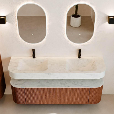 MONDIAZ THOR-DLUX 160cm meuble de salle de bains arrondi gauche + droite couleur Ruby avec 1 tiroir et 2 portes. Vasque suspendue CLOUD Double 2 trous de robinet couleur Opalo.