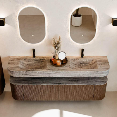 MONDIAZ THOR-DLUX 180cm badmeubel ronding links + rechts kleur Walnut met 2 lades en 2 deuren. Vrijhangende wastafel CLOUD Dubbel 2 kraangaten kleur Oza.