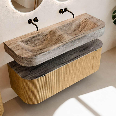MONDIAZ THOR-DLUX 130cm badmeubel ronding links + rechts kleur Oak met 1 lade en 2 deuren. Vrijhangende wastafel CLOUD Dubbel zonder kraangat kleur Oza.