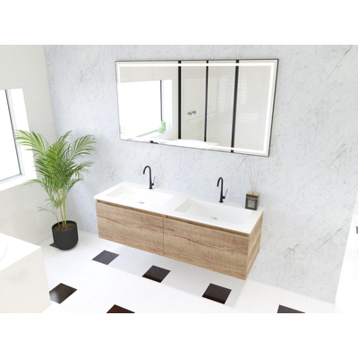 HR badmeubelen Matrix 3D Ensemble meuble de salle de bains 140cm 2 tiroirs sans poignées avec liste de prise en couleur French oak avec lavabo thin 2 trous de robinet blanc mat