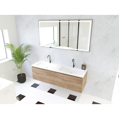 HR Matrix ensemble meuble de salle de bain 3d 140cm 2 tiroirs sans poignée avec bandeau couleur chêne français avec vasque fine 2 trous de robinetterie blanc mat