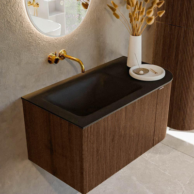 MONDIAZ KURVE 85cm badmeubel met module 25 R kleur Walnut met 1 lade en 1 deur. Wastafel CLOUD links zonder kraangat Urban.