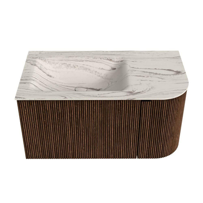 MONDIAZ KURVE-DLUX 85cm badmeubel ronding Rechts kleur Walnut met 1 lade en 1 deur. Wastafel CLOUD Links 1 kraangat Nata.