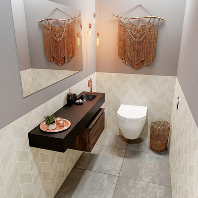 MONDIAZ ANDOR Toiletmeubel 120x30x30cm met 1 kraangaten 1 lades dark brown mat Wastafel Lex rechts Solid Surface Zwart