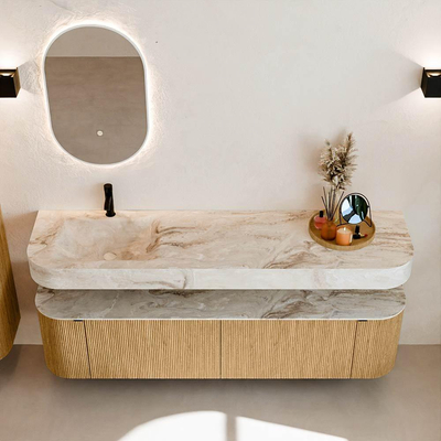 MONDIAZ THOR-DLUX 180cm meuble de salle de bains arrondi gauche + droite couleur Oak avec 2 tiroirs et 2 portes. Vasque suspendue CLOUD Gauche 1 trou de robinet couleur Frappe.