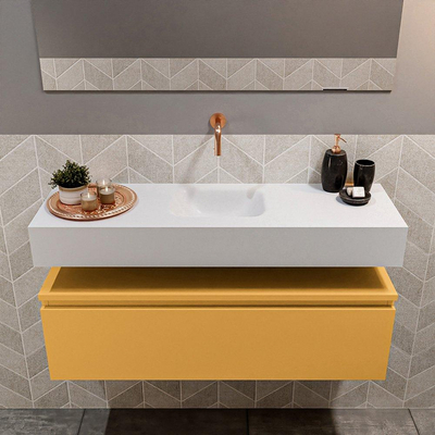 MONDIAZ ANDOR Toiletmeubel - 100x30x30cm - 0 kraangaten - 1 lades - ocher mat - wasbak midden - Solid surface - Wit