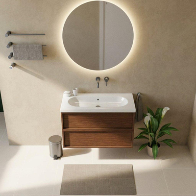 Saniclass Holz Frame Ensemble de meubles de salle de bains - 100x45x63.5cm - lavabo en céramique Palermo blanc - 1 vasque - sans trou de robinet - 2 tiroirs - walnut pure mat (bois)