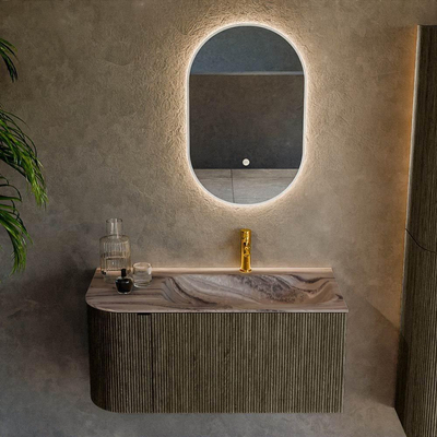 MONDIAZ KURVE-DLUX Meuble de salle de bains 95cm arrondi à gauche couleur Shadow avec 1 tiroir et 1 porte. Lavabo BIG SMALL à droite 1 trou de robinet Sombra.