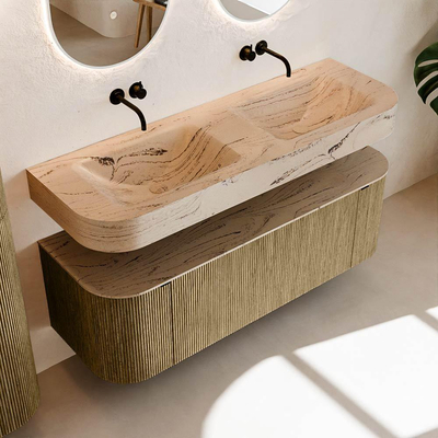 MONDIAZ THOR-DLUX 140cm meuble de salle de bains arrondi gauche + droite couleur Dusk avec 1 tiroir et 2 portes. Vasque suspendue CLOUD Double sans trou de robinet couleur Arena.