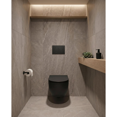 QeramiQ Dely Toiletset - 36.3x51.7cm - diepspoel - rimless - Geberit UP720 inbouwreservoir - softclose toiletzitting - bedieningsplaat mat antraciet - ronde knoppen - zwart mat