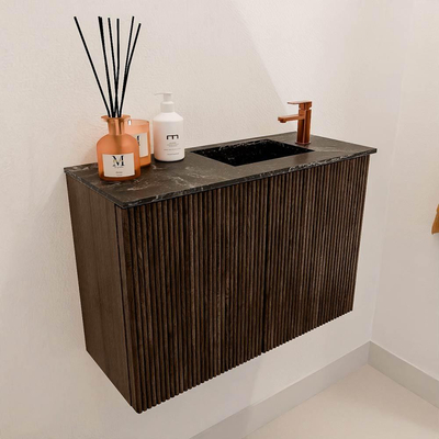 Mondiaz JOYA-DLUX 60cm meuble de toilette - couleur Walnut - Vasque FAYE position Droite 1 trou de robinet couleur Lava.