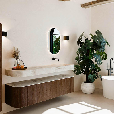 MONDIAZ THOR-DLUX 180cm meuble de salle de bains arrondi gauche + droite couleur Walnut avec 2 tiroirs et 2 portes. Vasque suspendue CLOUD Droite sans trou de robinet couleur Frappe.