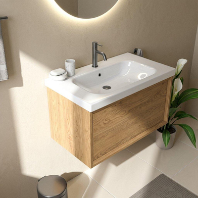 Saniclass Holz Frame Ensemble meuble de salle de bains - 80x45x43.5cm - lavabo en céramique Palermo blanc - 1 vasque - 1 trou de robinetterie - 1 tiroir - chêne naturel mat (bois)