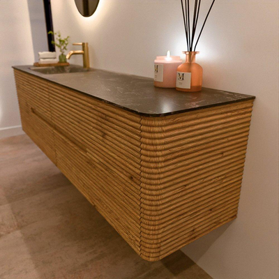 Mondiaz CIRO-DLUX Meuble de salle de bains - 180x45x50cm - Lavabo solid surface Lava - 1 vasque à gauche - 1 trou de robinet - 4 tiroirs - Chêne