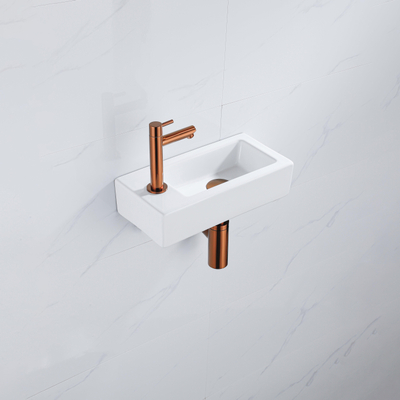 QeramiQ Fontein Fonteinset - 37.5x18.5x9cm - céramique - trou de robinet gauche - robinet lave-mains en cuivre brossé - bonde de vidage - siphon abaissé - Blanc brillant