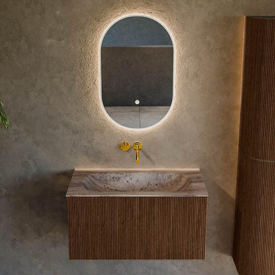 MONDIAZ KURVE-DLUX Meuble de salle de bains 80cm couleur Walnut avec 1 tiroir et 0 porte. Lavabo BIG SMALL Central sans trou de robinet Oza.